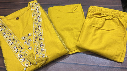 Mustard Yellow Cotton Suit Set with Silver Zari Thread Work