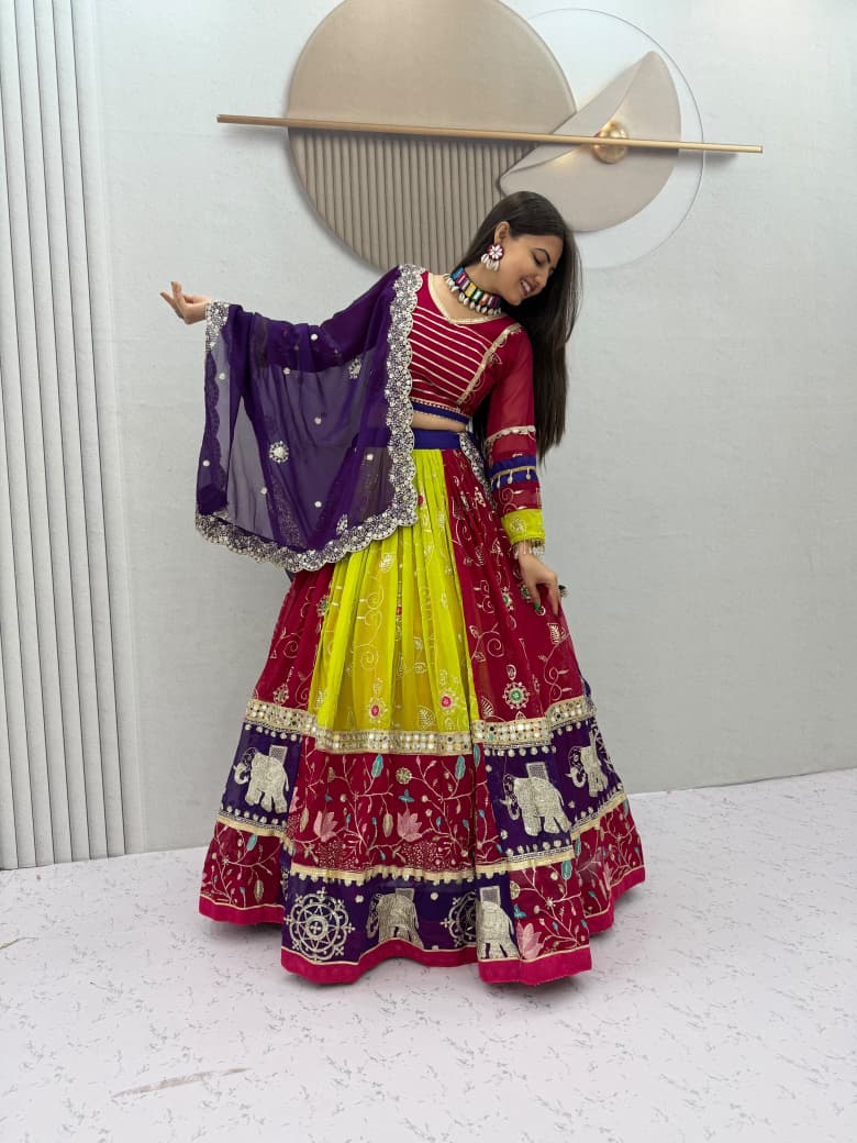 Navratri Special Fox Georgette Embroidered Mirror Work Lehenga Choli Dupatta Set