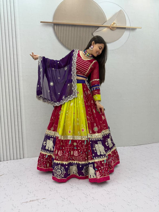 Navratri Special Fox Georgette Embroidered Mirror Work Lehenga Choli Dupatta Set