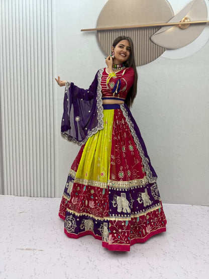 Navratri Special Fox Georgette Embroidered Mirror Work Lehenga Choli Dupatta Set