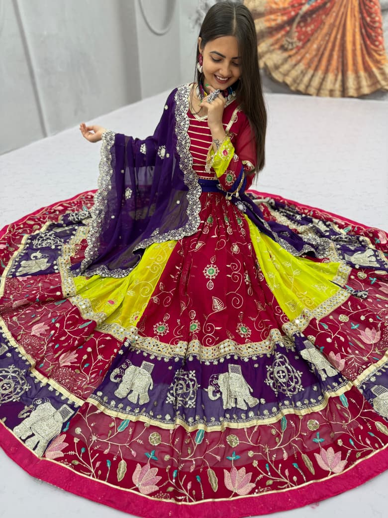 Navratri Special Fox Georgette Embroidered Mirror Work Lehenga Choli Dupatta Set