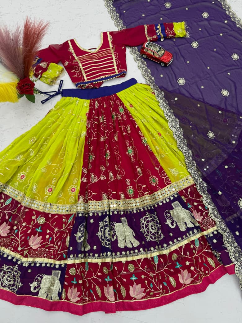 Navratri Special Fox Georgette Embroidered Mirror Work Lehenga Choli Dupatta Set