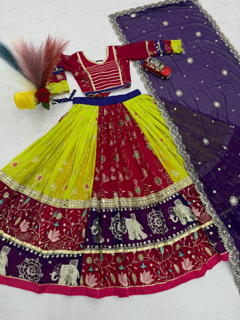 Navratri Special Fox Georgette Embroidered Mirror Work Lehenga Choli Dupatta Set