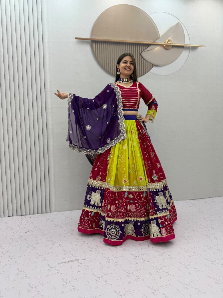 Navratri Special Fox Georgette Embroidered Mirror Work Lehenga Choli Dupatta Set