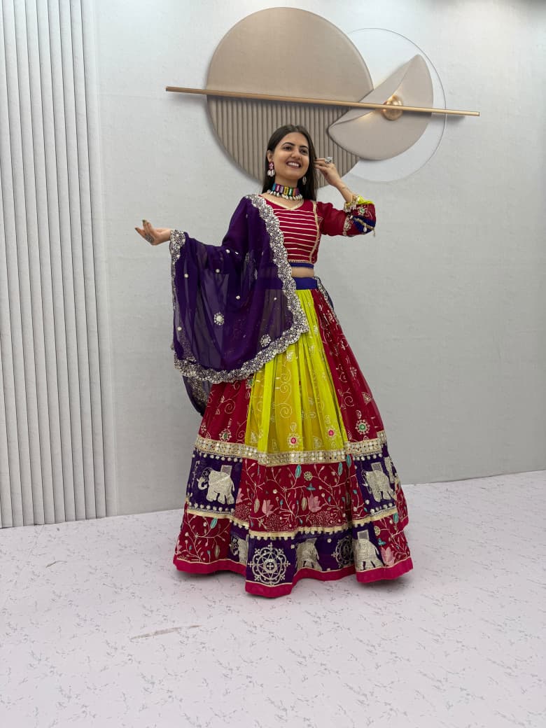 Navratri Special Fox Georgette Embroidered Mirror Work Lehenga Choli Dupatta Set
