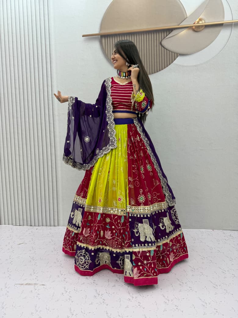 Navratri Special Fox Georgette Embroidered Mirror Work Lehenga Choli Dupatta Set
