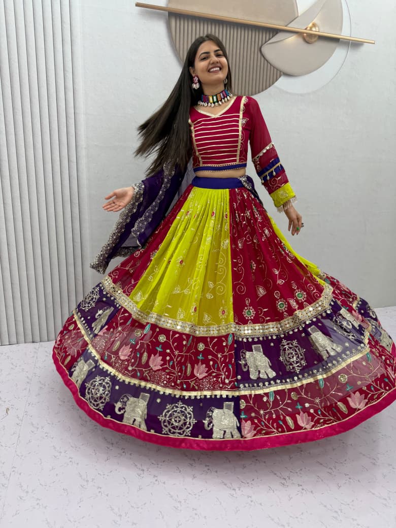 Navratri Special Fox Georgette Embroidered Mirror Work Lehenga Choli Dupatta Set