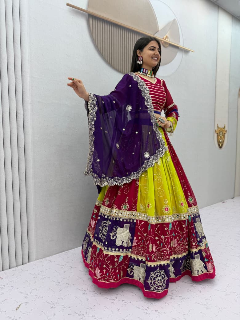 Navratri Special Fox Georgette Embroidered Mirror Work Lehenga Choli Dupatta Set