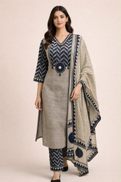 Navy Blue Cotton 60×60 Chevron Print Kurti Pant Dupatta Set