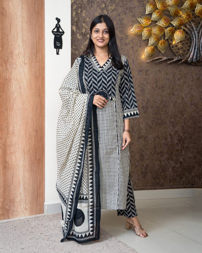 Navy Blue Cotton 60×60 Chevron Print Kurti Pant Dupatta Set