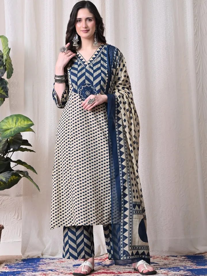 Navy Blue Cotton 60×60 Chevron Print Kurti Pant Dupatta Set