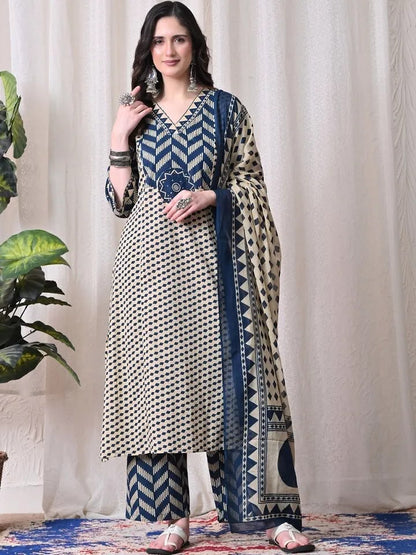 Navy Blue Cotton 60×60 Chevron Print Kurti Pant Dupatta Set