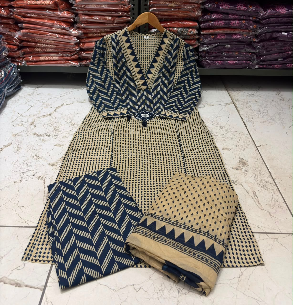 Navy Blue Cotton 60×60 Chevron Print Kurti Pant Dupatta Set