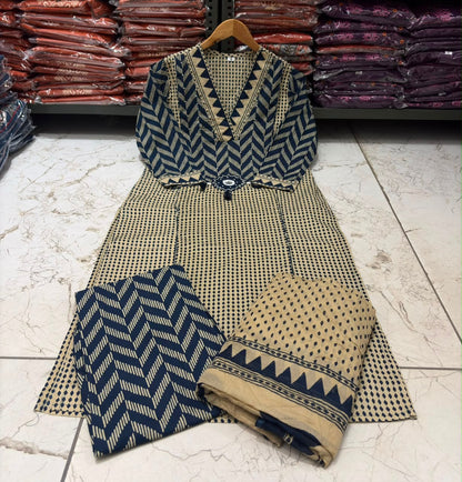 Navy Blue Cotton 60×60 Chevron Print Kurti Pant Dupatta Set