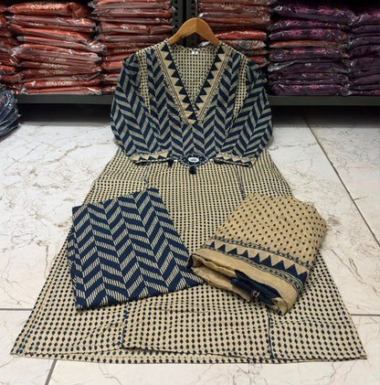 Navy Blue Cotton 60×60 Chevron Print Kurti Pant Dupatta Set