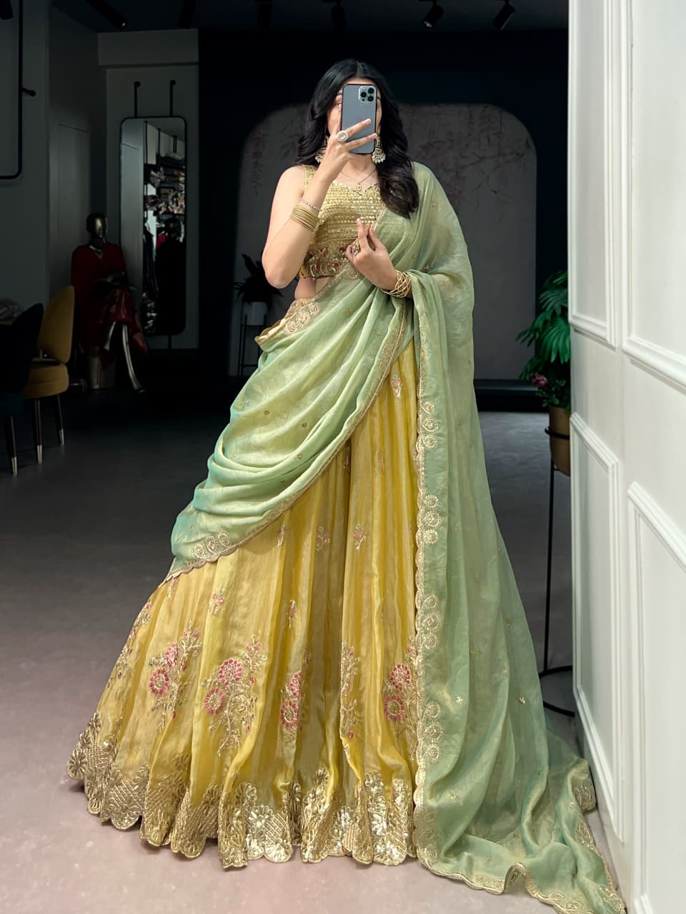 NC Moss Silk Lehenga Set with Sequins Embroidery & Dupatta