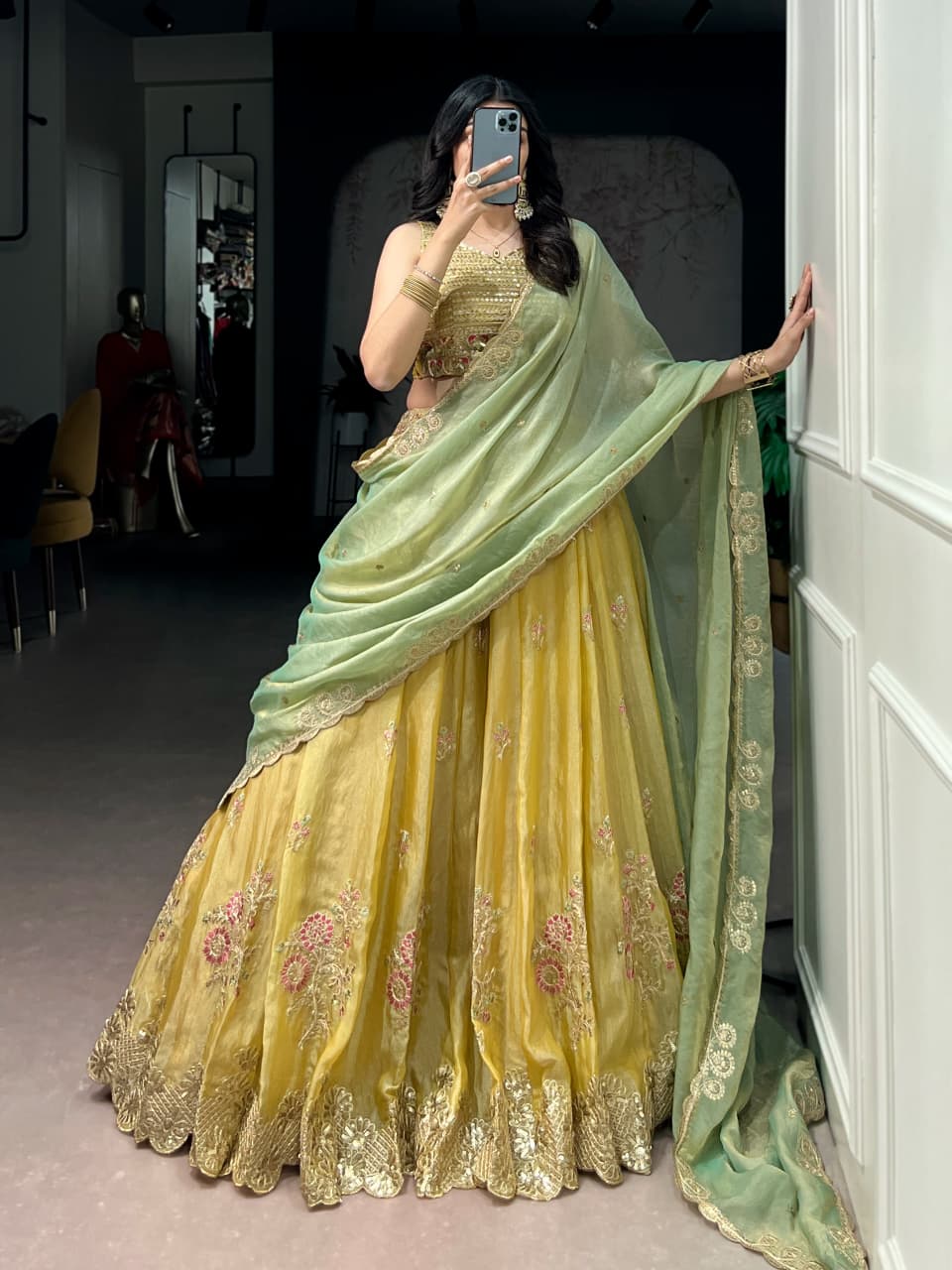 NC Moss Silk Lehenga Set with Sequins Embroidery & Dupatta