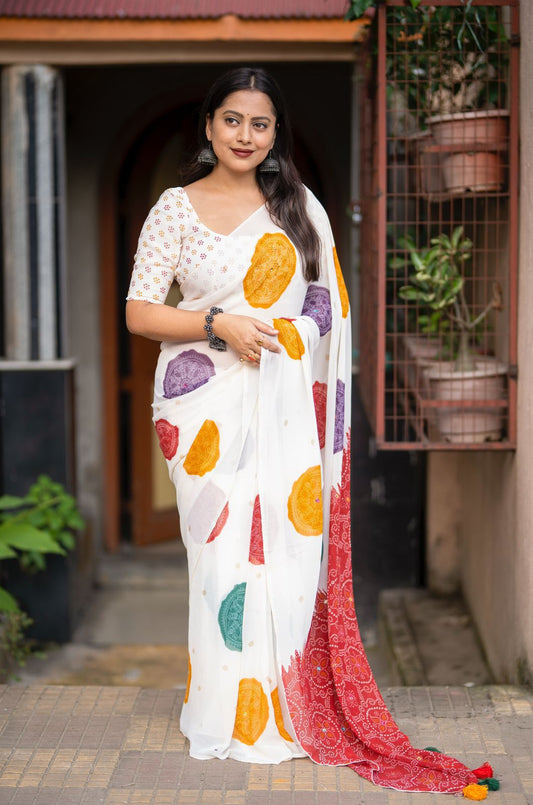 Off White Bhandani Georgette Saree with Aari Mirror Work & Jumka Pallu