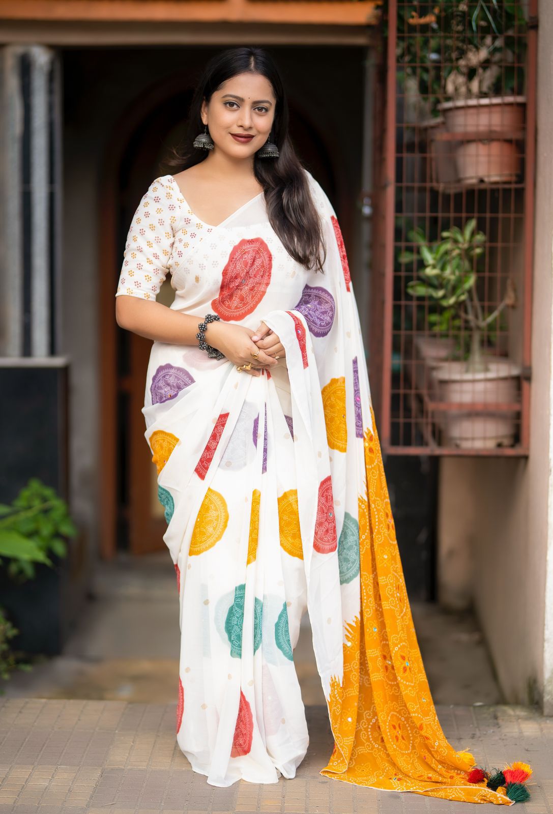 Off White Bhandani Georgette Saree with Aari Mirror Work & Jumka Pallu