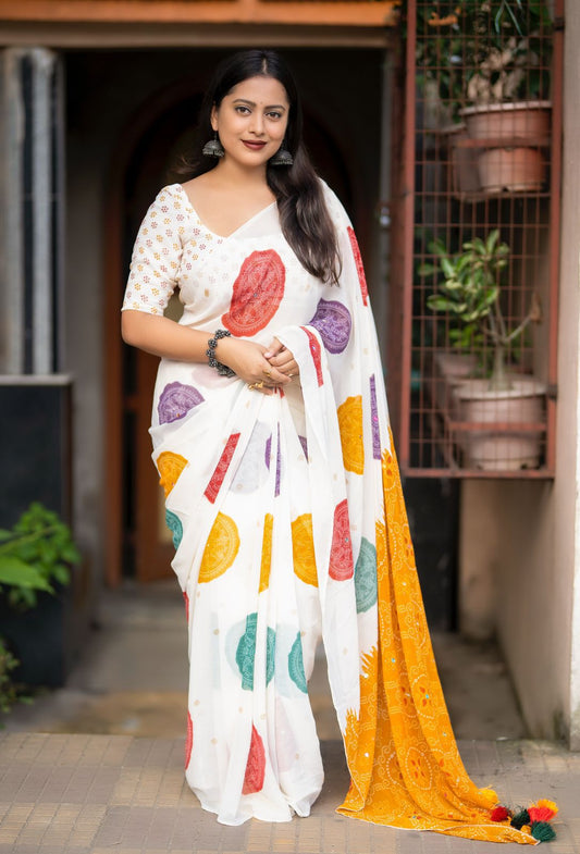 Off White Bhandani Georgette Saree with Aari Mirror Work & Jumka Pallu