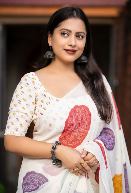 Off White Bhandani Georgette Saree with Aari Mirror Work & Jumka Pallu