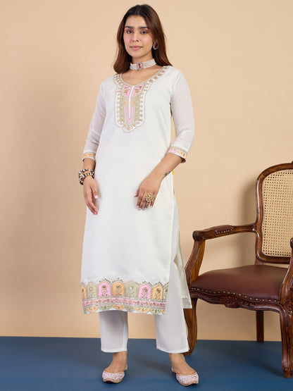 Off-White Silk Blend Kurta Pant Set with Lace Border Dupatta
