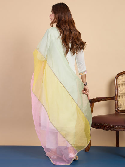 Off-White Silk Blend Kurta Pant Set with Lace Border Dupatta