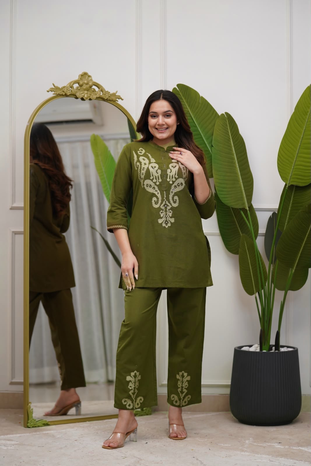 Olive Green Cotton Co-ord Set with Embroidered Yoke, Sleeves & Pant