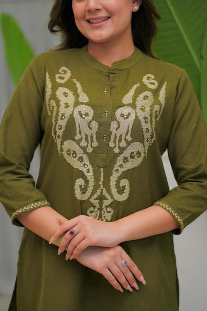 Olive Green Cotton Co-ord Set with Embroidered Yoke, Sleeves & Pant