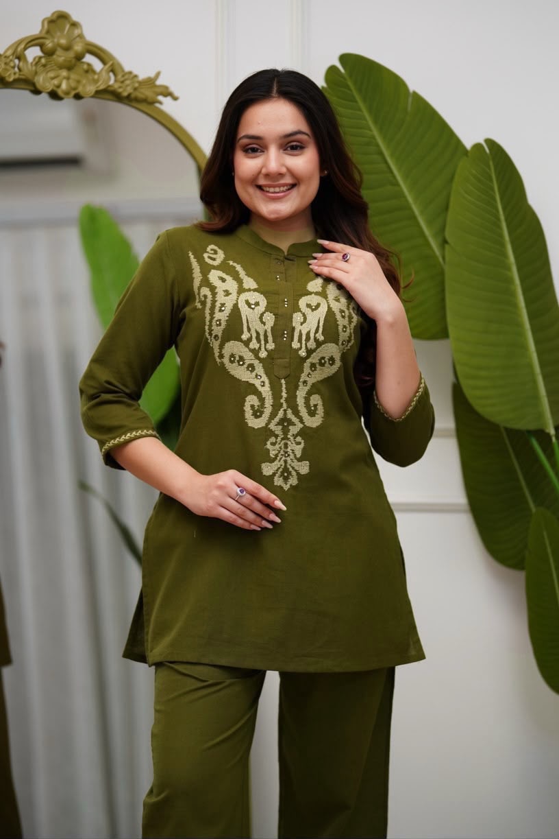 Olive Green Cotton Co-ord Set with Embroidered Yoke, Sleeves & Pant