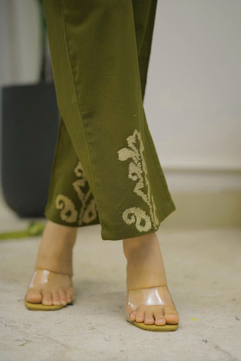 Olive Green Cotton Co-ord Set with Embroidered Yoke, Sleeves & Pant