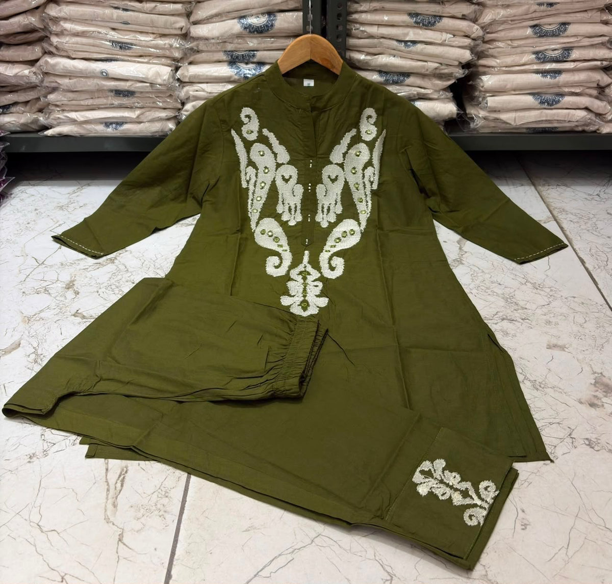Olive Green Cotton Co-ord Set with Embroidered Yoke, Sleeves & Pant