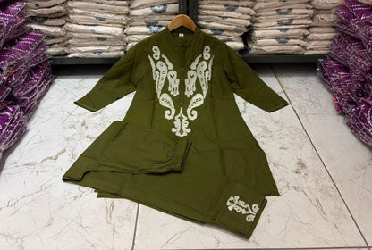 Olive Green Cotton Co-ord Set with Embroidered Yoke, Sleeves & Pant