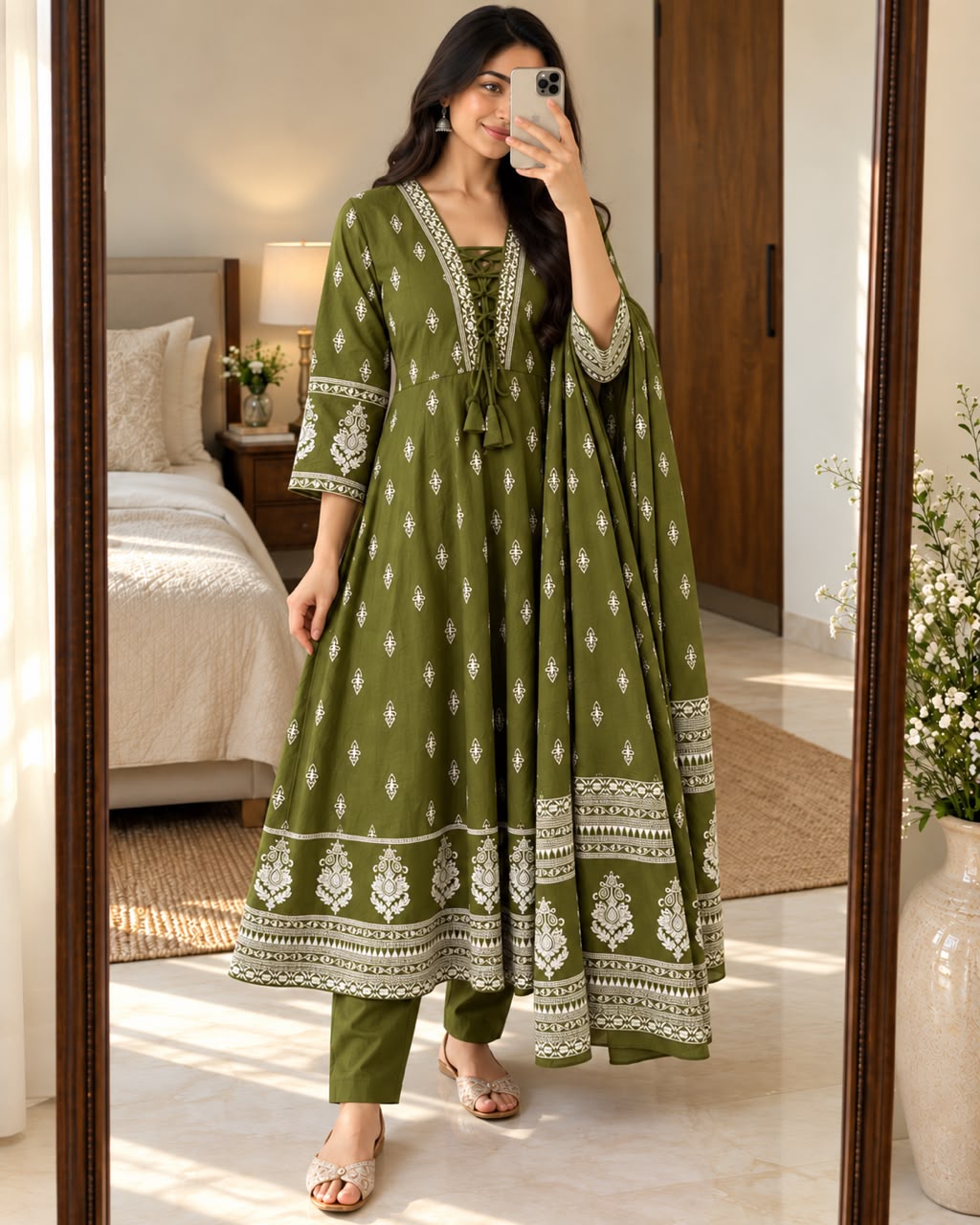 Olive Green Cotton Taj 60x60 Anarkali Suit Set with Pant and Printed Dupatta