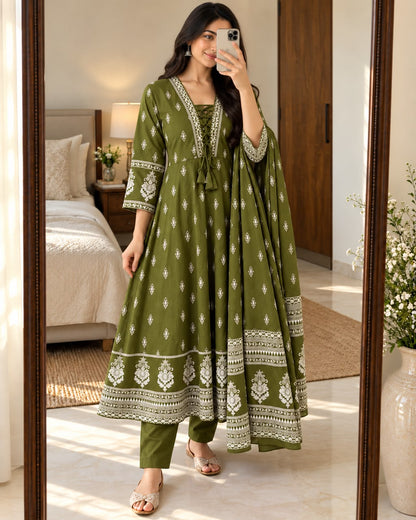 Olive Green Cotton Taj 60x60 Anarkali Suit Set with Pant and Printed Dupatta