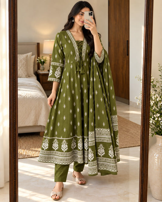 Olive Green Cotton Taj 60x60 Anarkali Suit Set with Pant and Printed Dupatta