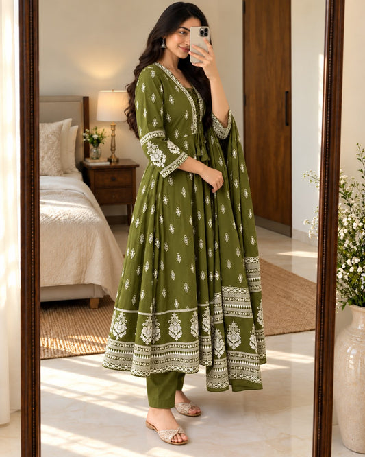 Olive Green Cotton Taj 60x60 Anarkali Suit Set with Pant and Printed Dupatta