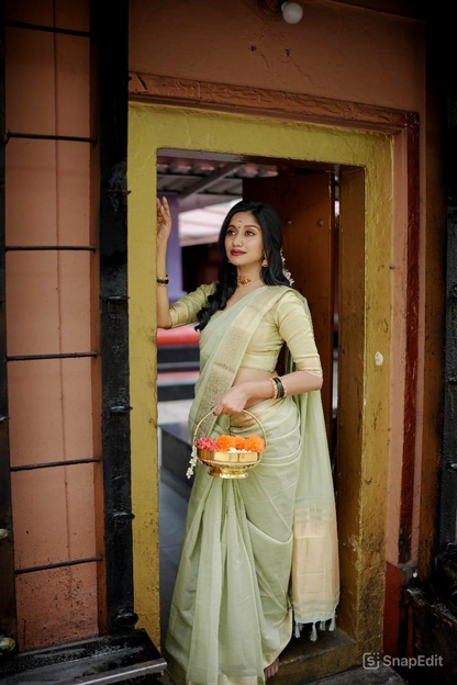 Onam Festival Special Cotton Saree with Zari Checks & Lagadi Pallu – Traditional Kerala Saree with Zari Border & Weaving Blouse