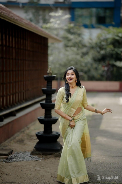 Onam Festival Special Cotton Saree with Zari Checks & Lagadi Pallu – Traditional Kerala Saree with Zari Border & Weaving Blouse