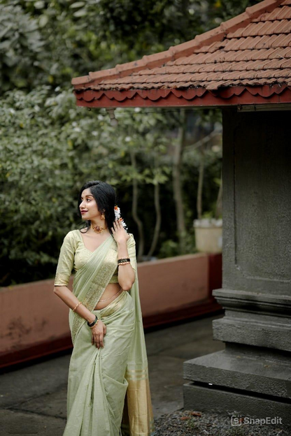 Onam Festival Special Cotton Saree with Zari Checks & Lagadi Pallu – Traditional Kerala Saree with Zari Border & Weaving Blouse