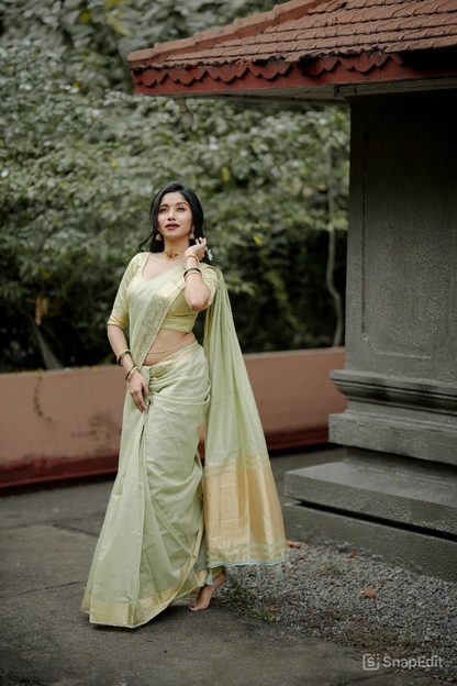 Onam Festival Special Cotton Saree with Zari Checks & Lagadi Pallu – Traditional Kerala Saree with Zari Border & Weaving Blouse