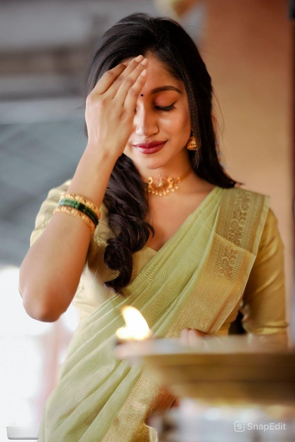 Onam Festival Special Cotton Saree with Zari Checks & Lagadi Pallu – Traditional Kerala Saree with Zari Border & Weaving Blouse