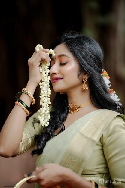 Onam Festival Special Cotton Saree with Zari Checks & Lagadi Pallu – Traditional Kerala Saree with Zari Border & Weaving Blouse