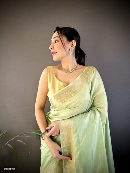 Onam Festival Special Cotton Saree with Zari Checks & Lagadi Pallu – Traditional Kerala Saree with Zari Border & Weaving Blouse