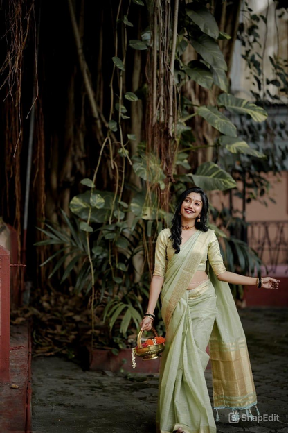 Onam Festival Special Cotton Saree with Zari Checks & Lagadi Pallu – Traditional Kerala Saree with Zari Border & Weaving Blouse