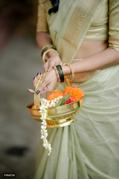 Onam Festival Special Cotton Saree with Zari Checks & Lagadi Pallu – Traditional Kerala Saree with Zari Border & Weaving Blouse