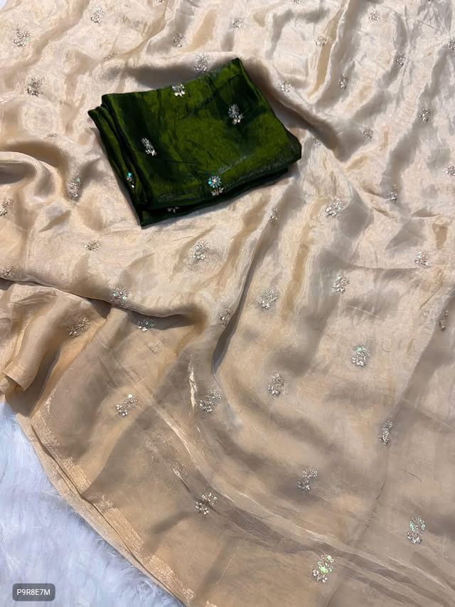 Onam Special Fendy Satin Dual Shaded Saree with Zari & Sequin Floral Butti Work