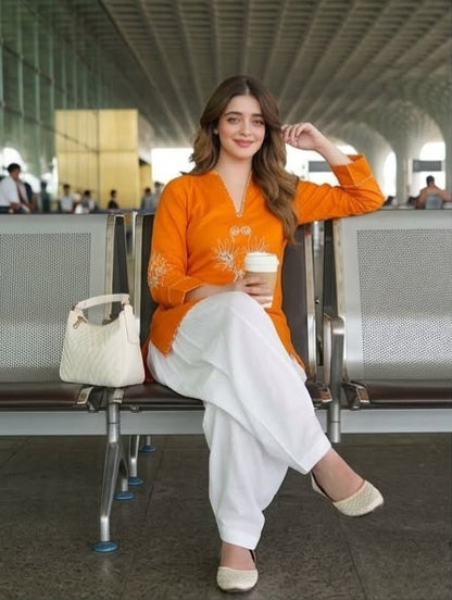 Orange Cotton Embroidered Farshi Salwar Suit Set