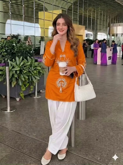 Orange Cotton Embroidered Farshi Salwar Suit Set