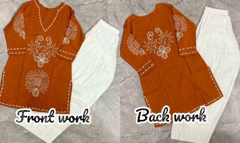 Orange Cotton Embroidered Farshi Salwar Suit Set